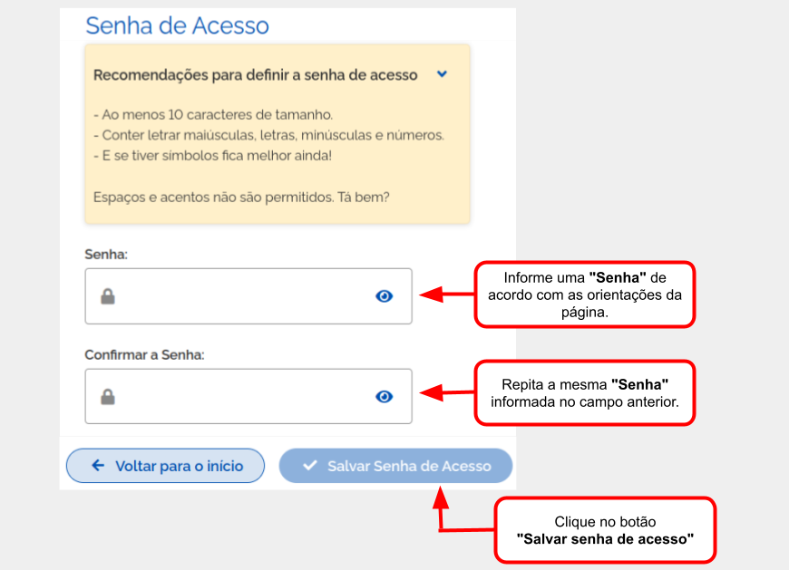 Tela para digitar e confirmar a nova senha.